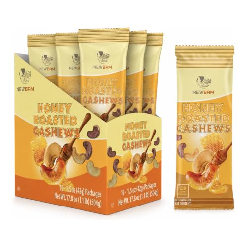 NEWBAM Honey Roasted Cashews - 12 Individual Packs (1.5oz) - Real Honey
