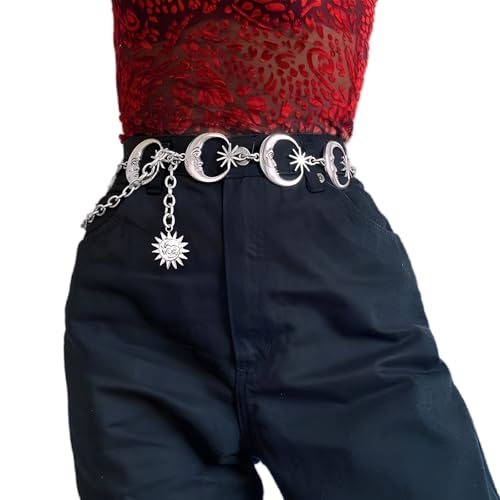 Chain Belt for Women Girls Sun Moon Western Metal Waist Chain, Adjustable Metal Chain Belts for Dresses Jeans Trousers
