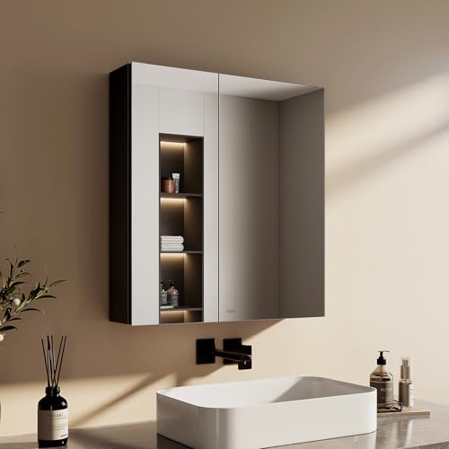 EMKE Spiegelschrank mit Innenspiegel, schwarzer Badezimmerspiegelschrank, 2-türig, Aluminium-Spiegelschränke Bad 60 x 65 x 14,5 cm, Bad-Spiegelschrank mit höhenverstellbarer Glasablage