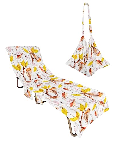 Gold Fall Leaves Beach Chair Towel Covers for Chaise Lounge with Side Pocket, Soft Plush Pool Towels Cover for Patio Sunbathing Outdoor 29''x85'' Autumn Birds Vintage English Newspaper