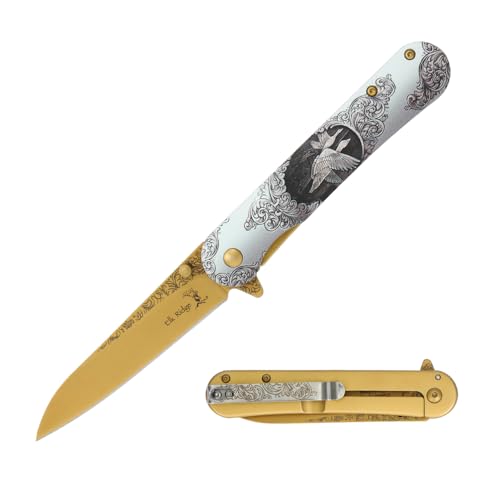 Elk Ridge Premium Decorative Folding Knife, 8 Inch Overall Length, Gold Handle with Goose Engraved Design, 3.5 Inch Stainless Steel Blade, Camping, Hunting, Collectible