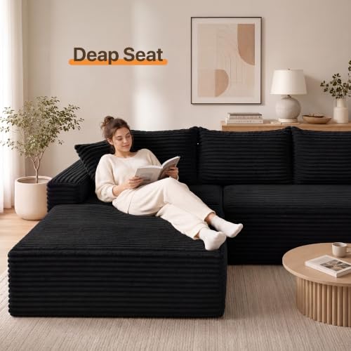 Image of Claiks 104 inch Boneless Couch, L-Shape Corduroy Sectional Sofa, Black