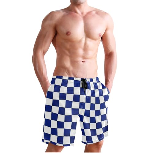 Navy Blue and White Checkered Plaid Shorts for Men Lined Board Shorts Swim Trunks 8”/ 9” Long XL Plus Size Swimming4