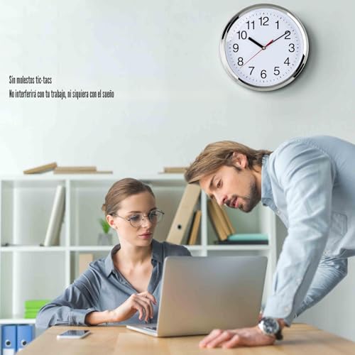 Miniatura 5 de Plumeet 25cm Reloj De Cuarzo De Pared Silencioso, Decorativo Para El Hogar La Cocina La Oficina La Escuela, Fácil Leer Y Con Pilas Cromo
