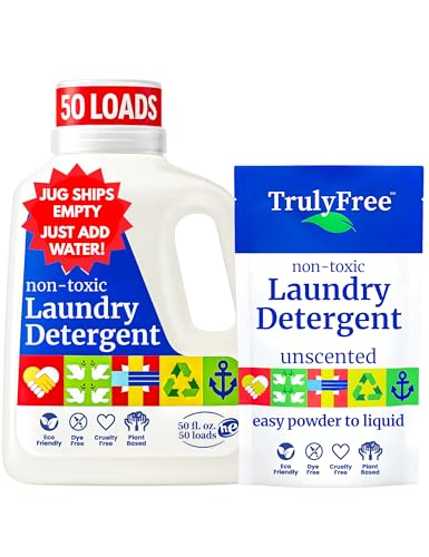 Truly Free Natural Laundry Detergent for Sensitive Skin | Eco Friendly, Plant Based, Baby Clothes Safe | Clean & Easy Powder to Liquid, 1 Pack Detergent + 1 Refillable Jug | Unscented, 50 Loads