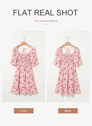 Image of Dokotoo Womens Casual Summer Dresses Short Sleeve Square Neck Smocked Boho Floral Sundress Flowy A-Line Mini Dress