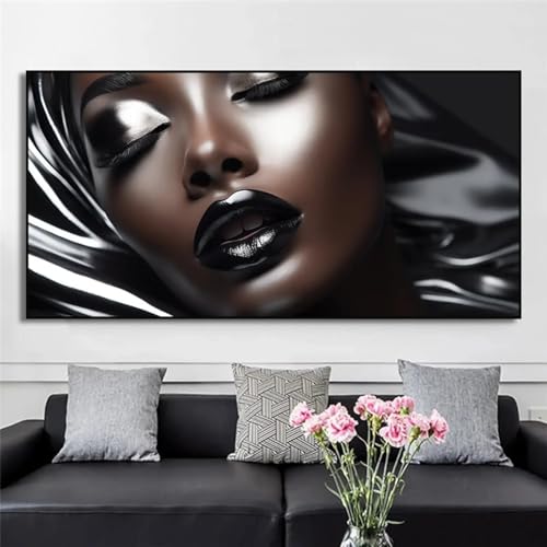 Peinture sur toile de luxe grand format déco salon affiche mode lèvre noire dorée chic 55x110