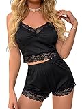 DIDK Damen Cami Schlafanzug Set Spitzen Spaghettiträger Crop Top Short Sets Sommer Pyjama Lounge Set Schlafi Schwarz M
