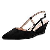 ROSERWISH Women's 2 Inch Buckle Suede Low Heel Party Slingback Pointed Toe Sexy Wedding Wedge Pumps Dress Shoes Black Size 8 - Zapatos de Tacon para Niñas
