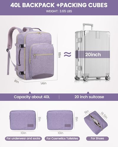 Image of LOVEVOOK 40L Travel Backpack Flight Approved Carry on Backpack,3 Packing Cubes,Waterproof Personal Item Travel Bag,TSA Carry on Luggage Suitcase Travel Essentials,Gifts for Women & Men,fits 17 inch Laptop