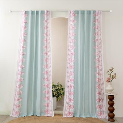 Image of Tranquebar Curtain Co. Window Curtains 5 Feet, 60-65% Room Darkening,Green-Pink Floral Print, Cotton Curtains for Window, Cotton Curtains 5 Feet Long Set of 2, BackTab Loops, Zia (152 cm) - Set of 2