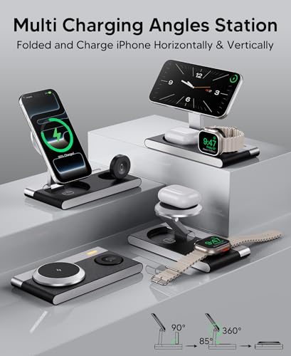 Image of 3 in 1 Magnetic Wireless Charging Station for Apple Devices,Foldable Wireless Charger Stand for Magsafe iPhone 17 Air 16 /15 /14 /13 /12,Apple Watch,AirPod,Wireless Charger Dock with Night Light