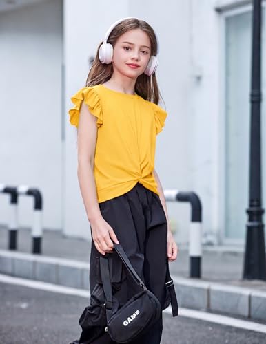 Image of Arshiner Girls Shirt - Short-Sleeve Twist Front T-Shirt for Girls with Cute Flying Sleeves - Summer Blouse Tunic Tee Tops