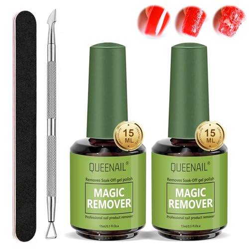2 Pcs Quitaesmalte Gel 15ml con Empujador de Cutícula y Lima de Uñas, Removedor Esmalte Permanente Para Uñas,Elimina Fácil y Rápidamente el Esmalte en 3-5 Minutos,No Daña las Uñas, Rápido y Fácil