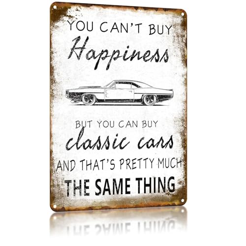 QKIODS Vintage Metal Tin Signs You Can't Buy Happiness But You Can Buy Classic Cars Funny Aluminum Sign Retro Wall Decor for Home Garden Garage Man Cave 8×12 Inch