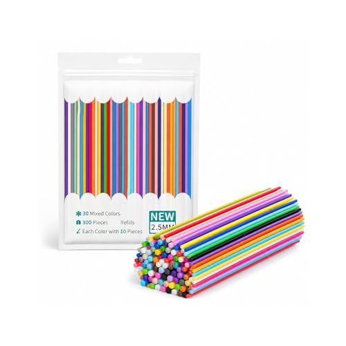 Image of 300PCS 3D Pen Filament Refill for 3doodler Start 3D Pen, 30 Colors, 2.5mm Low Temperature PCL Filament, 15cm Long for Art Crafts (Pen Not Included)