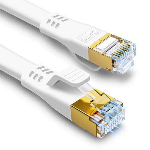 HUGIN Kabel Ethernet CAT 8 30m, płaski szybki kabel LAN 40 Gbps 2000 MHz, ekranowany kabel sieciowy z pozłacanymi złączami RJ45 do gier, routera, modemu, PC (30 m, biały)