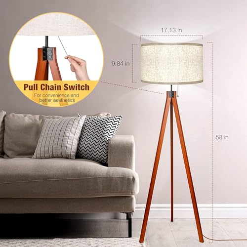 Wood Tripod Floor Lamp, Mid Century Standing Lamp with Pull Chain Switch, Modern Design Studying Light with Linen Shade, Solid Wood Tripod Light with 3 Color Temperature for Living Room