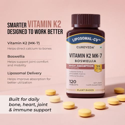 Image of Cureveda Liposomal Vitamin K2 MK-7 55mcg | with Boswellia 25mcg Stronger Bones & Improved Heart Health (120 Tablets)