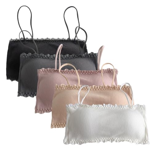 5 Pieces Girls' Spaghetti Strap Sports Bra, Cotton Girls Training Bra, Crop Cami Training Bras for Girls Cotton Bra, White+Peach+Black+Skin Color+Dark Gray