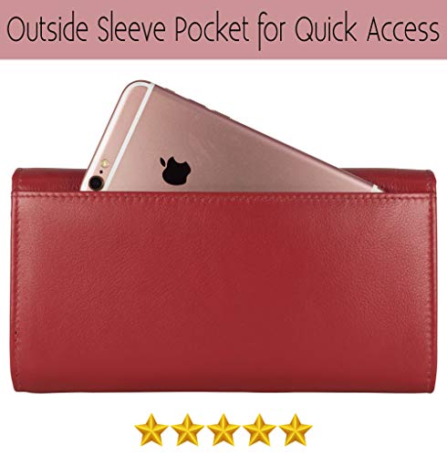 Image of Women's Top Grain Leather Wallet, RFID Blocking Bifold clutch, 17 Card Slots, Zip Pocket Organizer, Elegant Gift for Women - Birthday, Valentine, Anniversary - WATERMELON