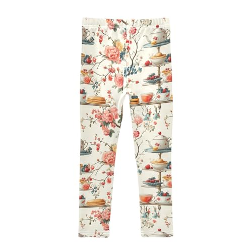 Tea Table Afternoon Tea Floral Flowers Girls Leggings Kids Yoga Pants Dance Active Tights 4T2