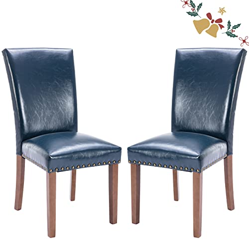Image of Parsons Dining Chairs Set of 2, Upholstered Nailhead PU Leather Dining Room Kitchen Side Chair with Thick Cushions and Wood Legs, Blue