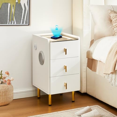 CLIPOP Comodino intelligente con stazione di ricarica wireless, altoparlante Bluetooth, tavolino con luce LED regolabile, piano in vetro temperato, comodino per soggiorno, camera da letto, studio CLIPOP Comodino intelligente con stazione di ricarica wireless, altoparlante Bluetooth, tavolino con luce LED regolabile, piano in vetro temperato, comodino per soggiorno, camera da letto, studio