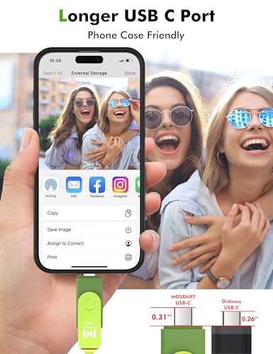 Image of MOSDART 64GB USB C & A 3.2 150MB /s Dual Flash Drive with Keychain, Green | Fits Android Phones, iPhone 15, 16, 17, Macbook, iPad, For Photos and Videos, USB-C Port Protection, Phone Case Friendly