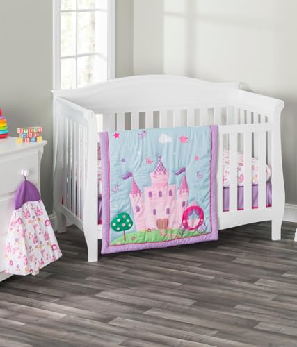 Image of EVERYDAY KIDS 4 Piece Girls Crib Bedding Set -Princess Storyland - Includes Quilt, Fitted Sheet, Dust Ruffle and Diaper Stacker - Nursery Bedding Set - Baby Crib Bedding Set