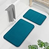 Yimobra Memory Foam Bathroom Rugs Sets 2 Piece - Super Soft Absorbent Quick Dry Bath Mat Set, Machine Washable Non Slip Floor Carpet for Tub Shower & Single Sink (17x24 & 31.5x20 Inch, Peacock Blue)