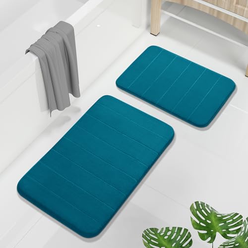 Image of Yimobra 2 Pieces Memory Foam Bath Mat Sets, 17x24+44.1x24 Inches for Bathroom Rugs, Toilet Mats, Non-Slip, Soft Comfortable, Water Absorption, Machine Washable (Peacock Blue, 17 inchx24 inch+31.5 inchx19.8 inch)