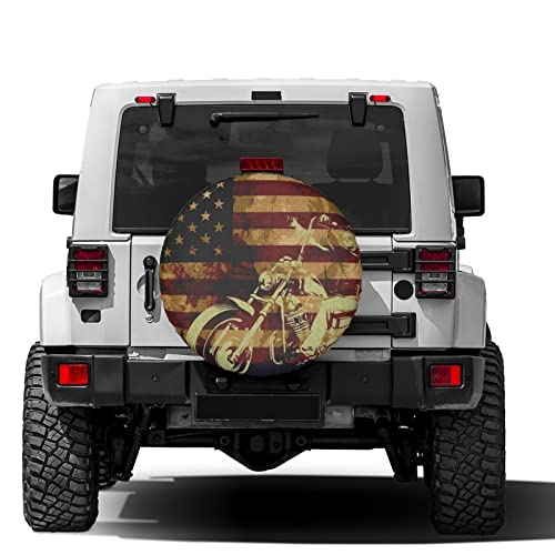 Image of Skull Motorcycle American Flag Spare Tire Cover Dust-Proof Wheel Tire Cover Fit Trailer, RV, SUV and Many Vehicle 17 Inch