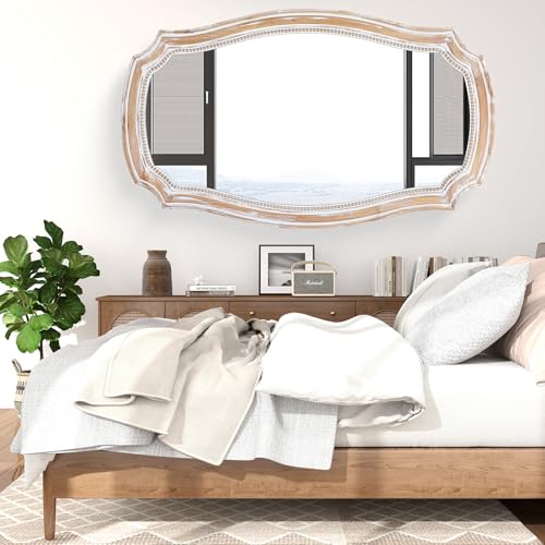 Image of 36x24 Inch Rustic Scalloped Wall Mirror, Distressed Wooden Beaded Mirrors | Horizontal or Vertical Display, HD Tempered Glass, Curved Edge Accent, for Bathroom Over Sink, Living Room, Entryway