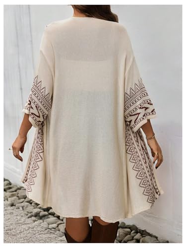 Image of Verdusa Women's Plus Size Boho Tribal Cardigan 3 /4 Sleeve Open Front Loose Kimono Cover Up Khaki XX-Large Plus