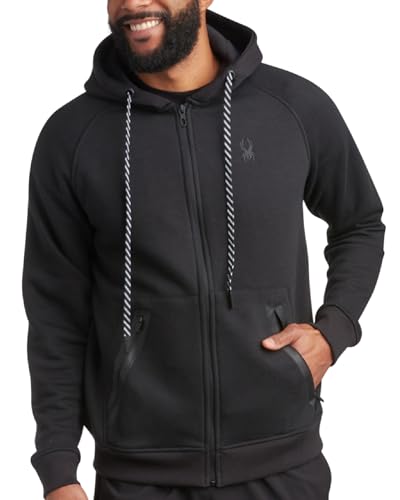 Spyder Mens Zip Up Hoodie - Super Soft Performance Fleece Sweatshirts for Men - Warm Athletic Hoodies for Running Walking Gym, Size Large, Black