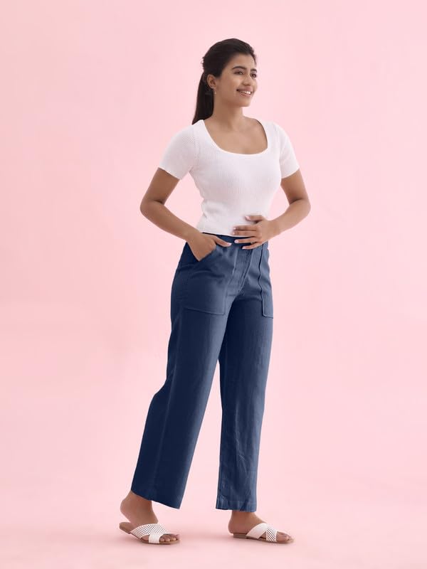 Image of GO COLORS Solid Linen Cargo Pants for Women | Full Length, Mid Rise, Side Pockets