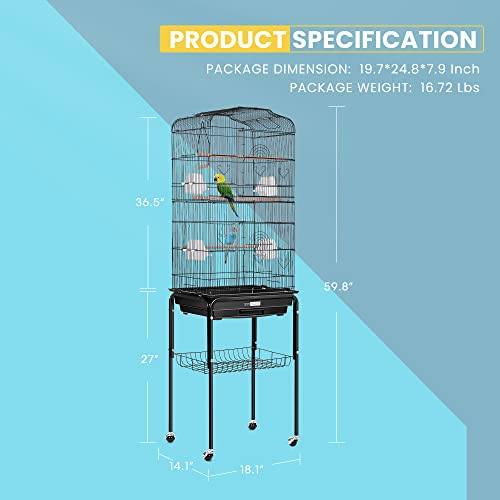 Vivohome 59.8 Inch Wrought Iron Bird Cage With Play Top And Rolling Stand For Parrots Conures Lovebird Cockatiel Parakeets Black #TOP6