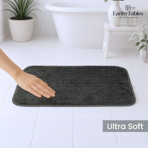Image of Earthy Fables Soft Microfiber Bath Mat - Loop Pile, Quick Dry, Anti-Skid, Water Absorbent, Non-Slip, Machine Washable Floor Rug, Shower Mat, Door Mat for Bathroom, Bedroom, 60x40 cm - Grey