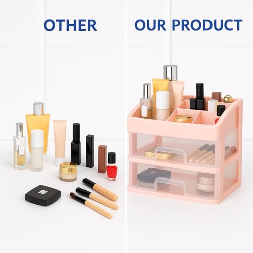 Image of JIALTO Makeup Storage Box and Organiser with 2 Layer Drawers & Top Compartment - Plastic Cosmetic Storage Box for Vanity, Skincare, Perfume, Brushes Lipsticks & More - Desktop Organizer (Pink)
