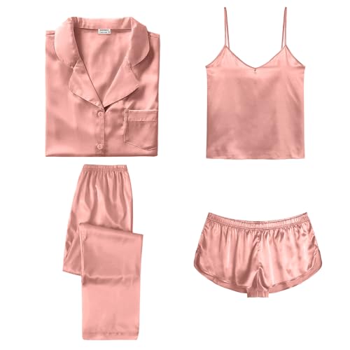 Image of SWOMOG Womens Silk Satin Pajamas Sets 4pcs Sleepwear Sexy Cami Shorts Set and Button Down Short Sleeve Pjs Loungewear
