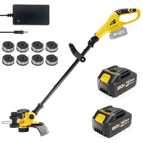 YDlawn 12-inch 20V Cordless String Trimmer with Charger, 2 X 4Ah Battery Powered Grass Mover with Auto Line Feed, 2 in 1 Lawn Edger with 8 Pcs Grass Cutter Spool Line, Yellow