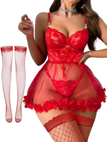 Image of Foxiny Sexy Ruffle Floral Skirt Underwire Mesh Sheer Lace Babydoll Lingerie Dress with Thong 2 Piece