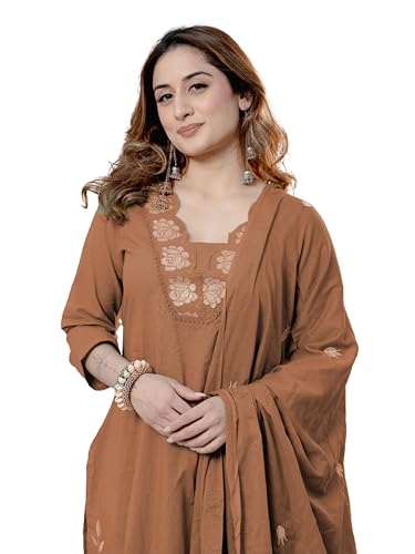 Image of Arayna Women's Pure Cotton Embroidered Kurta Pant Dupatta Set | Straight Kurta with Floral Embroidery | Ethnic Suit Set for Women