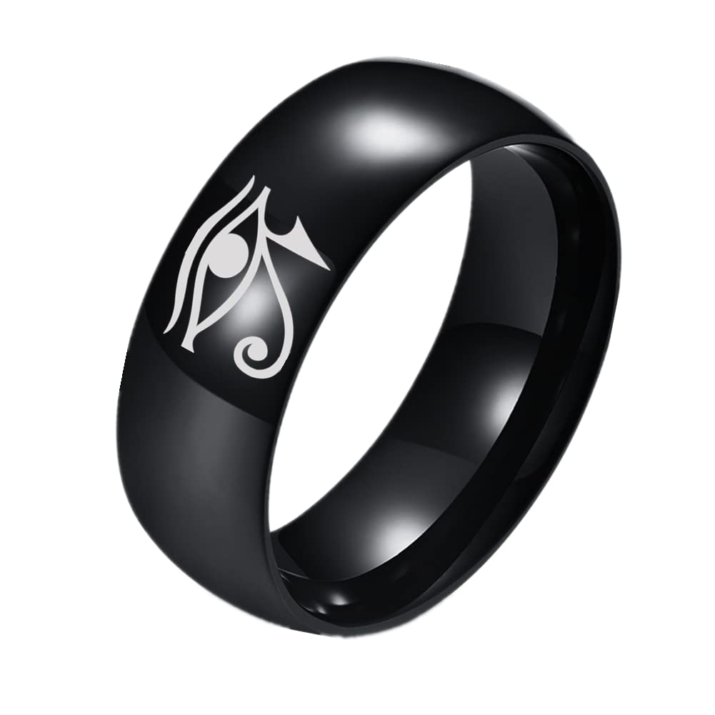 Women Men's Egyptian Eye of Horus Ring, Minimalist Egypt Godness Eye Protection Amulet Polished Plain Band, Stainless Steel Horus Eye Thumb Ring Prayer Talisman Symbolic Jewellery, Black, Size 7-12