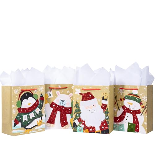 Image of Loveinside Christmas Gift Bags Set, Glitter Foil Santa, Penguin, Snowman & Polar Bear Design, Medium Size Bags with Handle, Tissue Paper for Christmas Gifts & Party Favors, 4 Pack, 7 inch X 4 inch X 9 inch