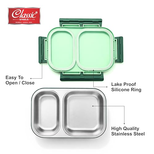 Image of Classic Steels Bento Duo Lunch Box for Kids 600ml, 2 Compartment Stainless Steel Tiffin Box, Leak Resistant, BPA Free, School Lunch Box - Green