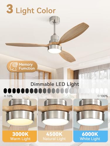 Image of Sofucor 52 Inch Solid Wood Smart Ceiling Fans with Lights and Remote, Works with App /Alexa /Google, 6-Speed Outdoor Ceiling Fan with Light, 3 Blade Ceiling Fan, Quiet DC Motor for Living Room Patio