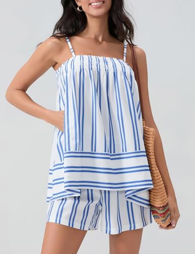 Image of Wyeysyt Women 2 Piece Lounge Set Striped Pajama Set Ruffle Hem Cami Tops and Stripe Boxer Shorts Pj Set Sleepwear