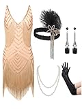 SWEETV Women's 1920s Flapper Dress,V-Neck Great Gatsby Dresses for Women Roaring 20s Costumes with 20s Accessories Set For Harlem Nights/Formal/Cocktail/Party/Prom/Club/Wedding,X-Large,Champagne